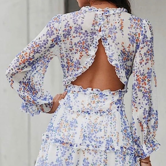 Long Sleeve Casual Summer Ruffle Backless Floral Flowy Swing Mini Dress - Picture 6 of 6